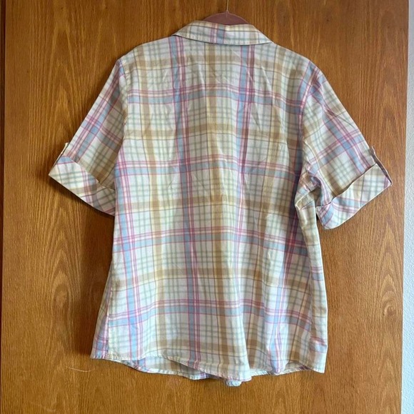 Basic Editions shirt button up short sleeve plaid yellow pink cotton women XL - Picture 5 of 8